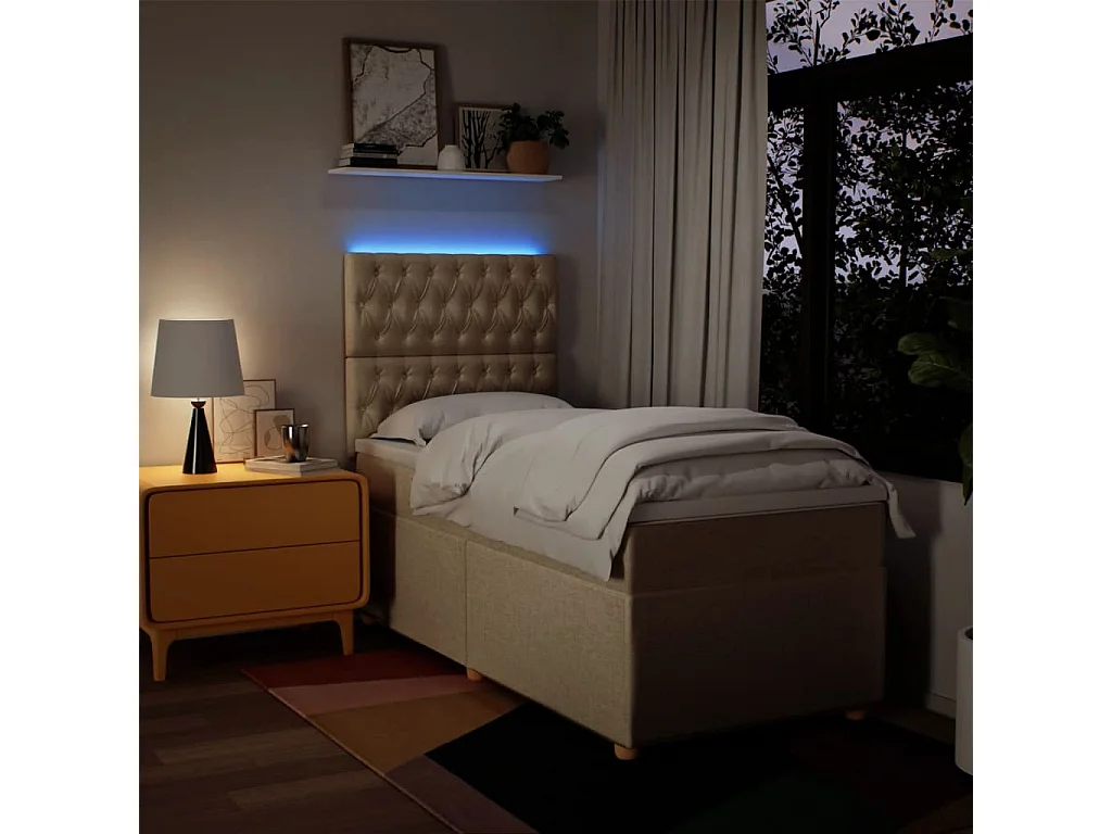 Cama box spring con colchón tela color crema 100x200 cm