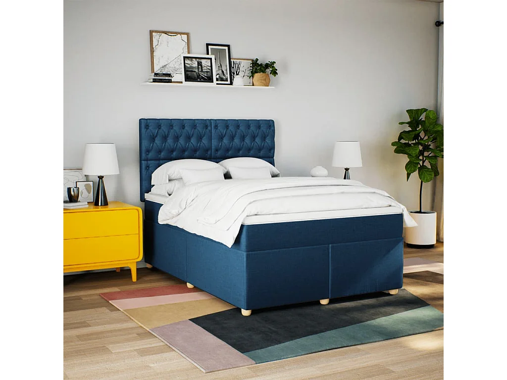 Cama com molas/colchão 160x200 cm tecido azul