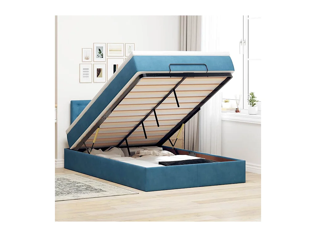 Lit ottoman avec matelas et LED bleu foncé 90x200cm velours