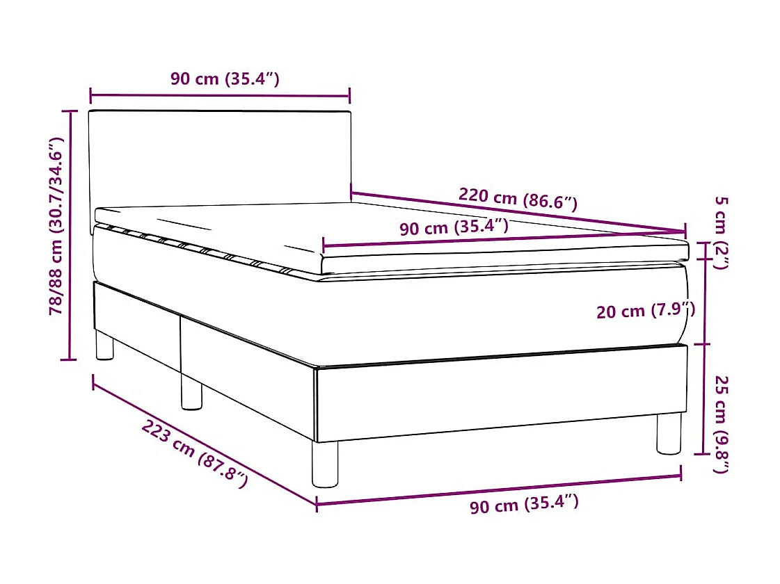 Cama box spring con colchón terciopelo gris claro 90x220 cm