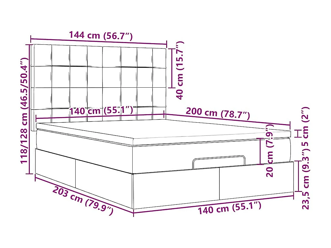 Estrutura cama otomana colchão 140x200cm tecido castanho escuro