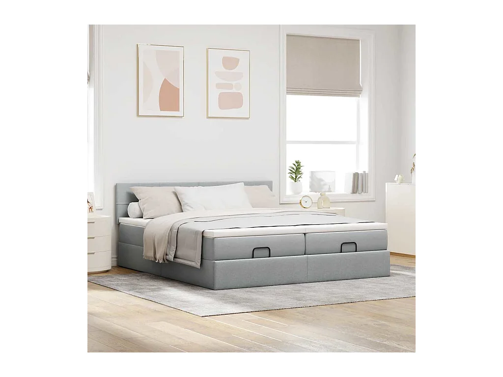 Cadre de lit ottoman et matelas gris clair 160x200cm tissu