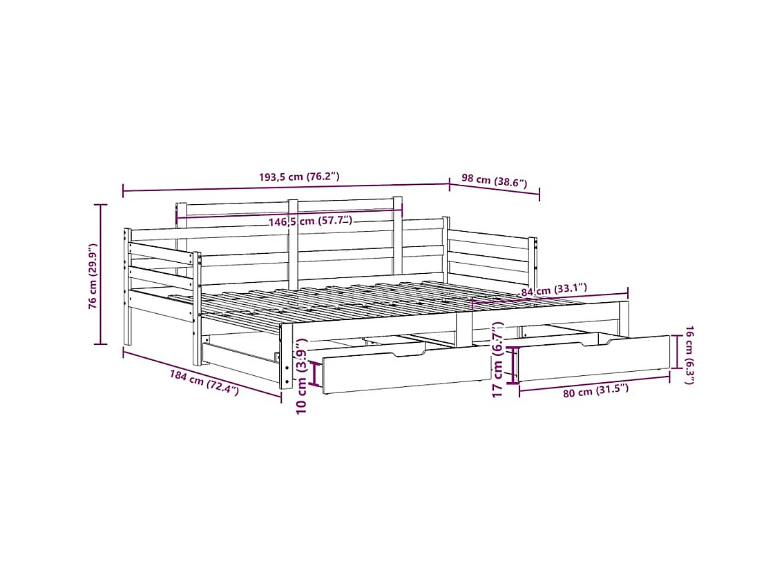 Lit de jour avec gigogne et tiroirs sans matelas blanc 90x190cm