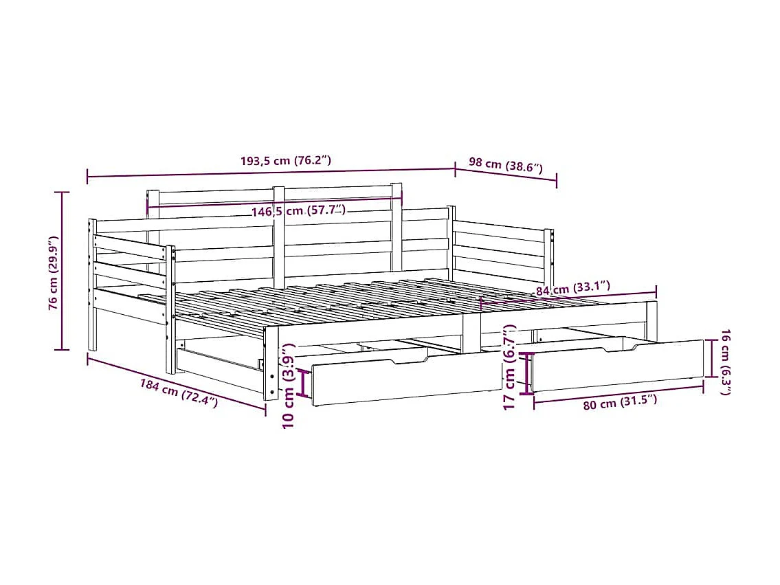 Lit de jour avec gigogne et tiroirs sans matelas blanc 90x190cm