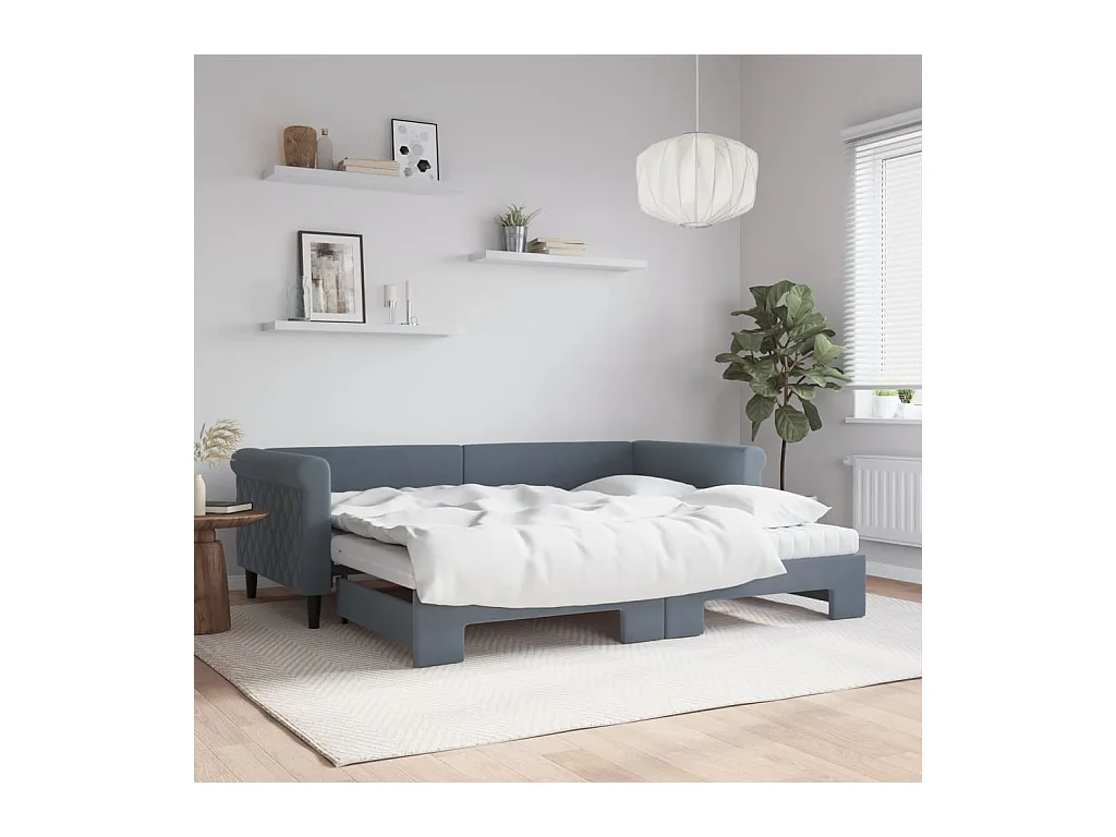 Lit de jour avec gigogne et matelas gris foncé 90x200cm velours