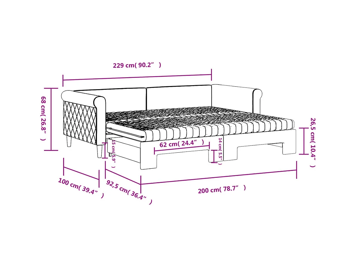 Lit de jour avec gigogne et matelas gris foncé 90x200cm velours