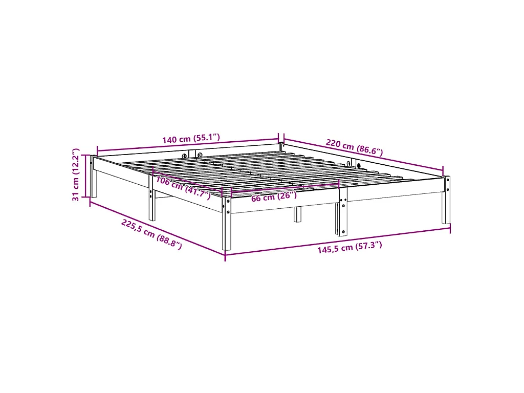Cadre de lit extra long sans matelas 140x220 cm bois massif pin