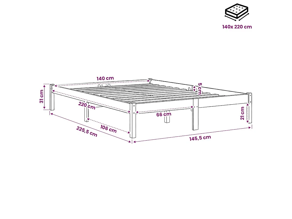 Cadre de lit extra long sans matelas 140x220 cm bois massif pin