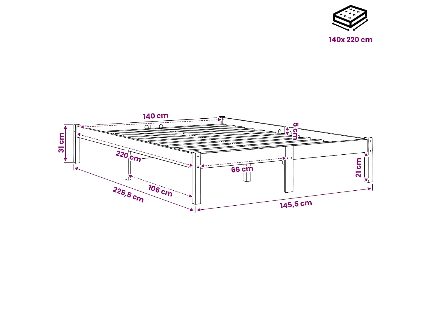Cadre de lit extra long sans matelas 140x220 cm bois massif pin