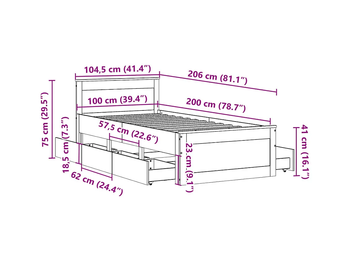 Massivholzbett ohne Matratze mit Kopfteil 100x200 cm Wachsbraun