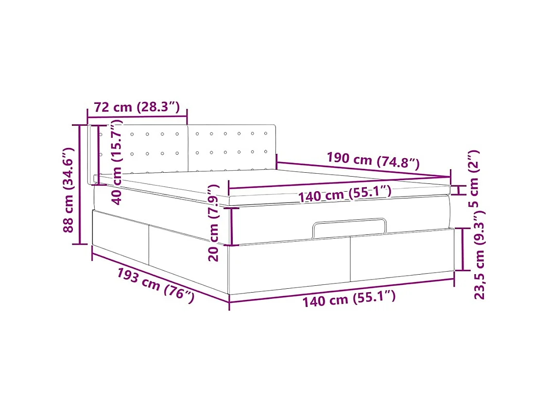 Cadre de lit ottoman avec matelas gris foncé 140x190 cm velours