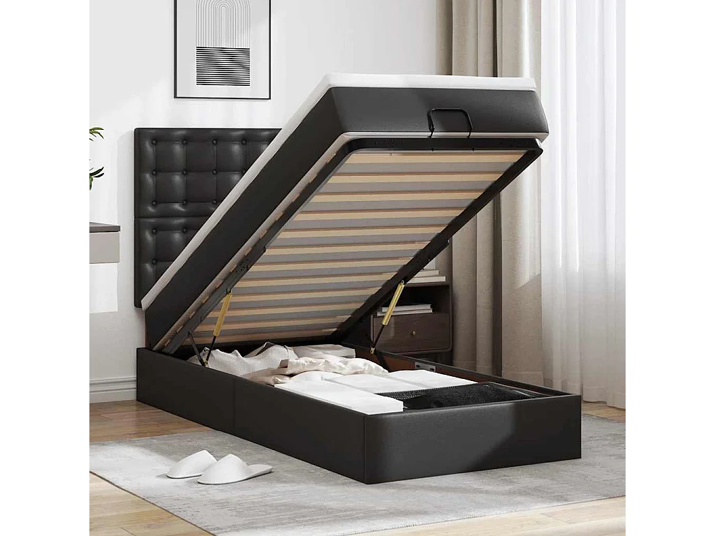 Ottoman-Bett mit Matratze Schwarz 90x190 cm Kunstleder