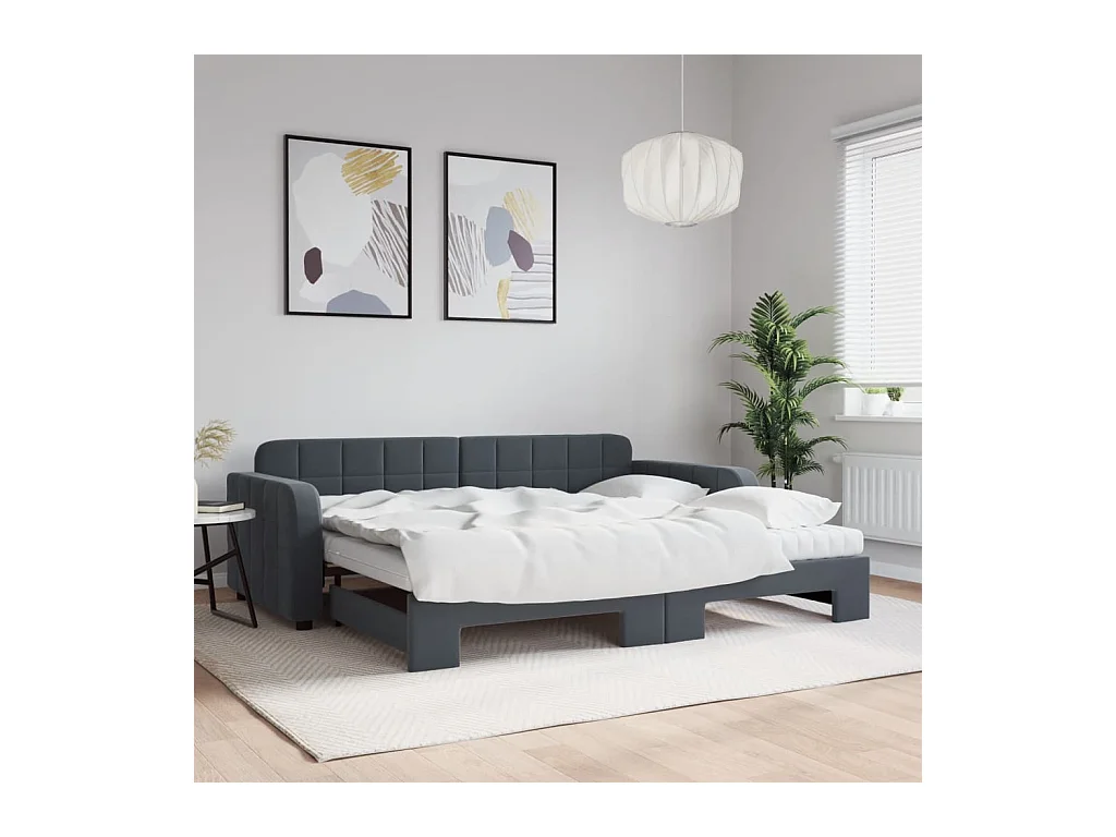 Slaapbank onderschuifbed matrassen 90x190cm fluweel donkergrijs