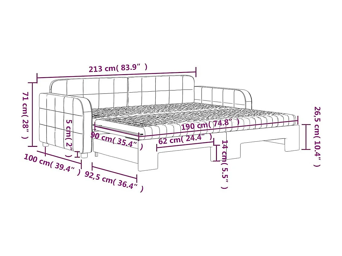 Lit de jour avec gigogne et matelas gris foncé 90x190cm velours