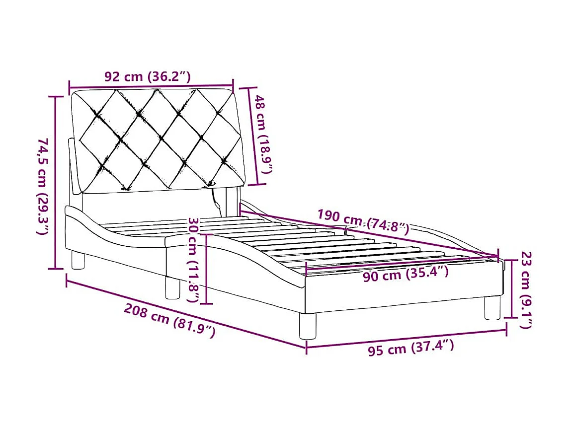 Estrutura de cama com LED sem colchão 90x190 cm tecido azul