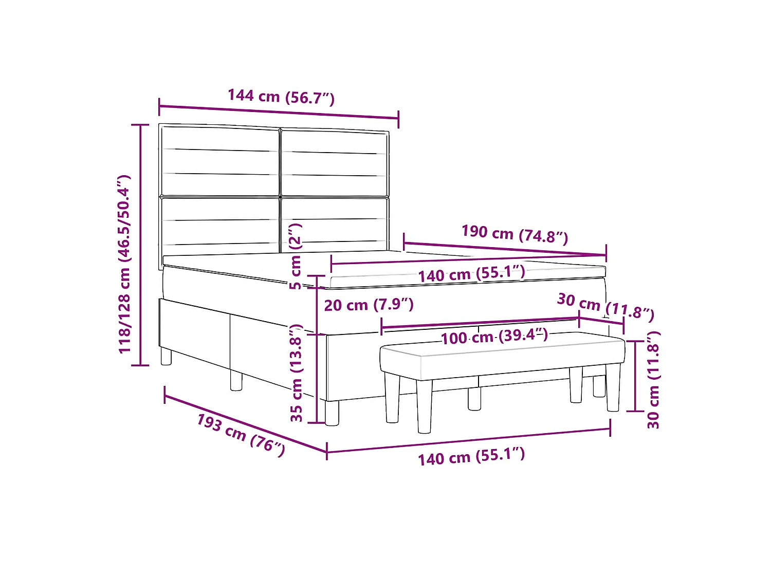 Cama Box com cabeceira Cinzento-claro 140 x 190 cm tecido