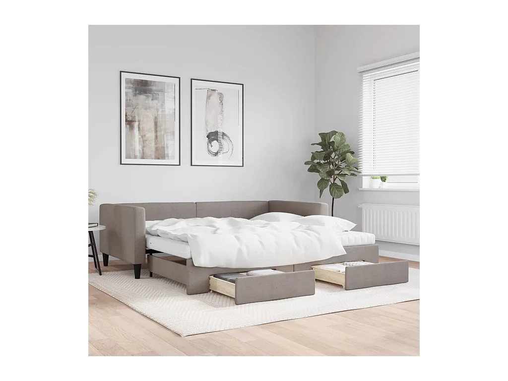 Lit de jour avec gigogne et tiroirs taupe 100x200 cm tissu