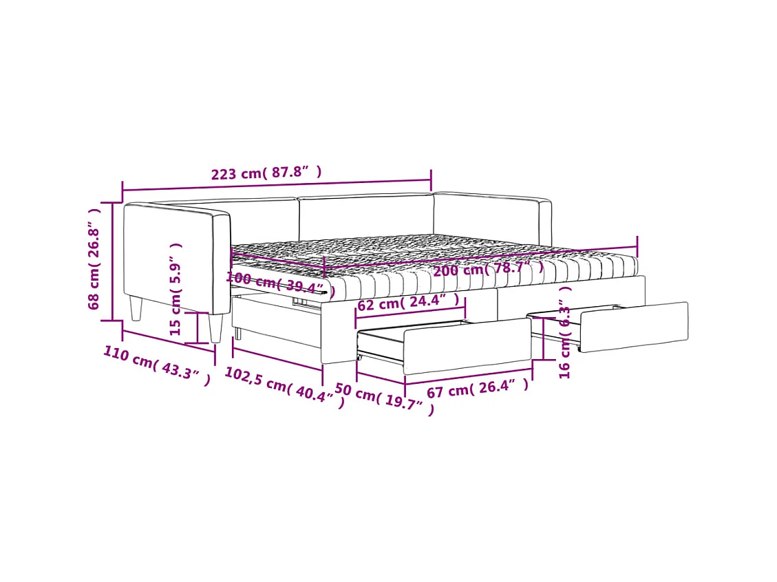 Lit de jour avec gigogne et tiroirs taupe 100x200 cm tissu