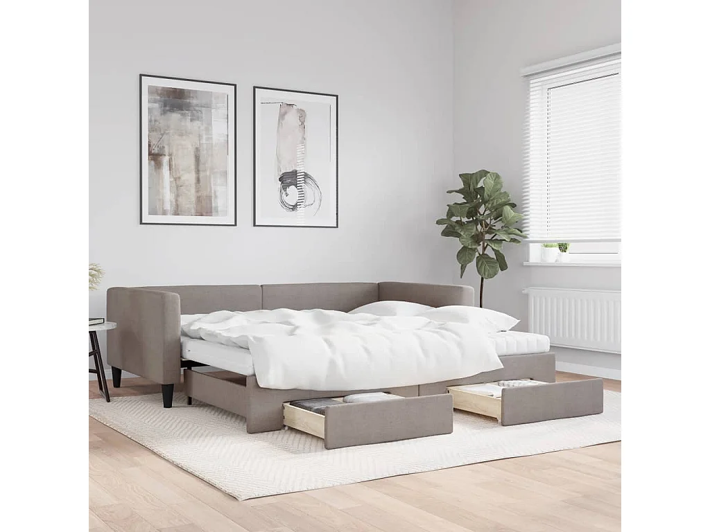 Slaapbank met onderschuifbed en lades 100x200 cm stof taupe