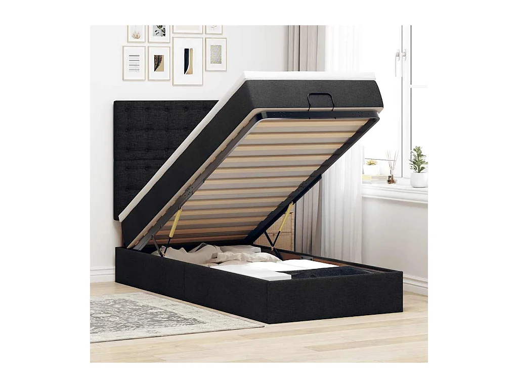 Cadre de lit ottoman avec matelas noir 90x200 cm tissu