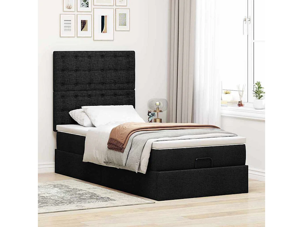 Estrutura de cama otomana com colchão preto tecido
