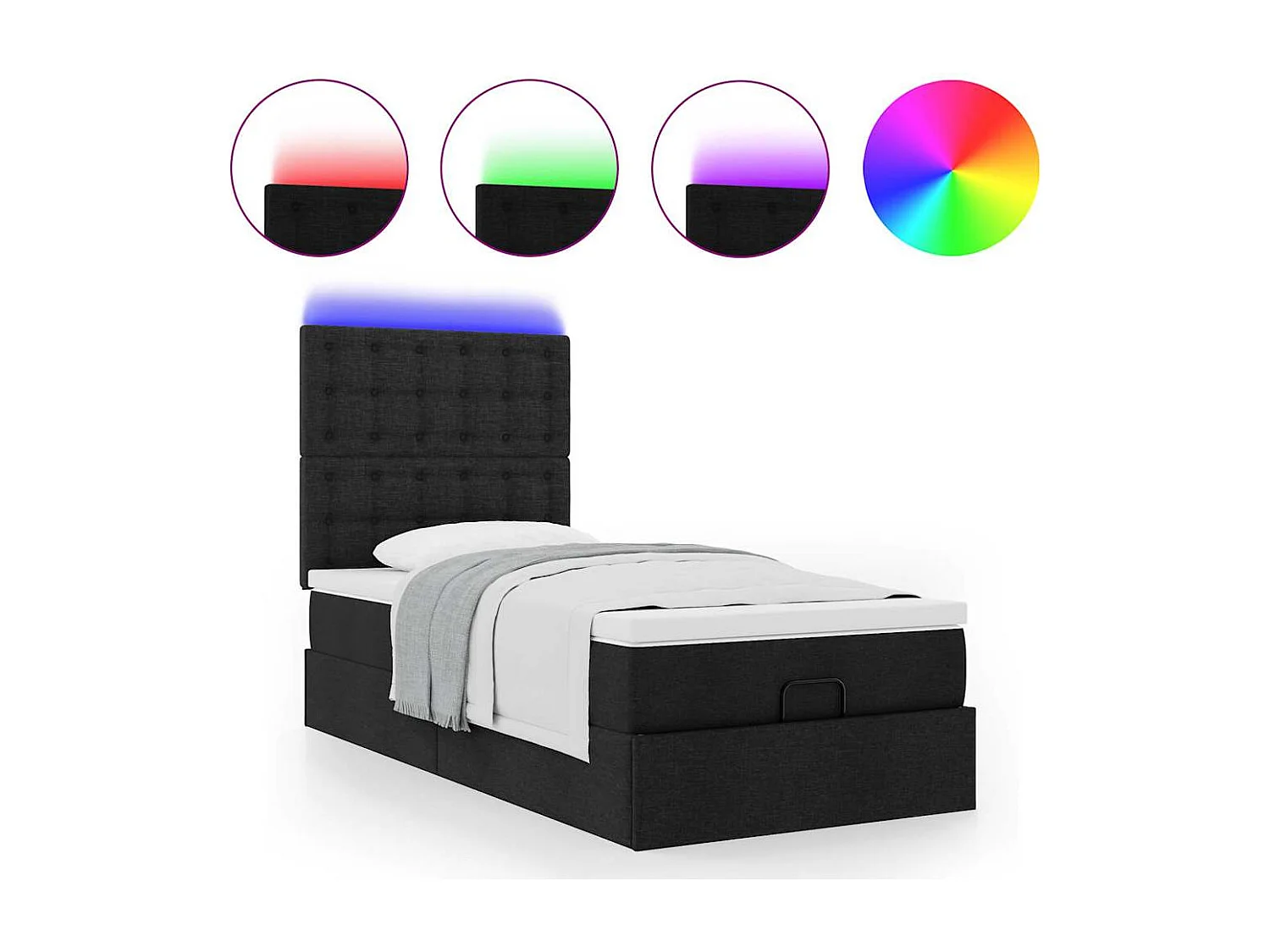 Estrutura de cama otomana com colchão preto tecido