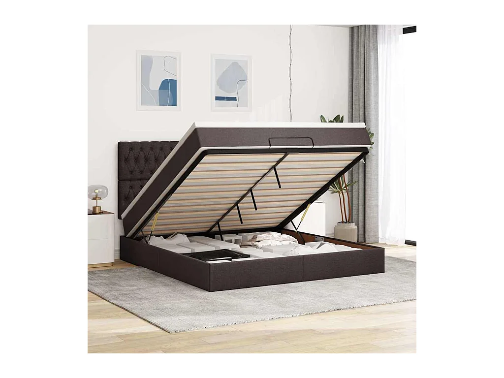 Cadre de lit ottoman avec matelas marron foncé 160x200 cm tissu