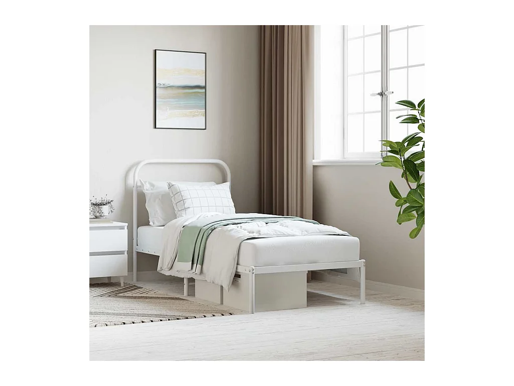 Cadre de lit métal sans matelas avec tête de lit blanc 90x200cm