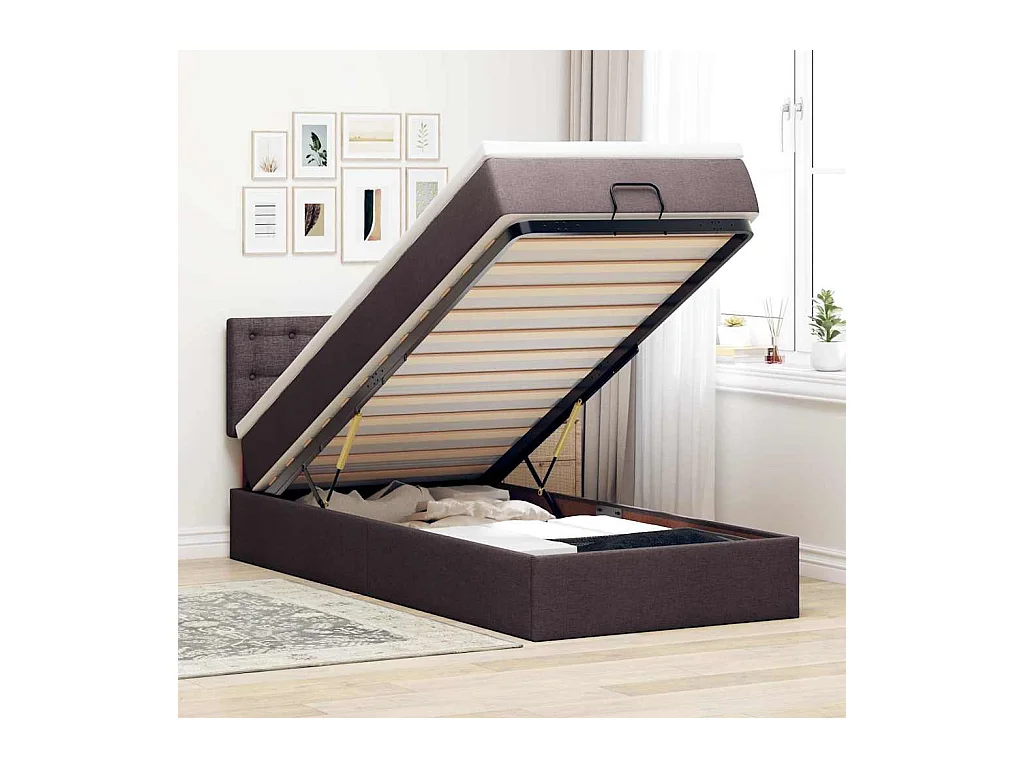 Estructura cama otomana colchón tela marrón oscuro 90x190 cm