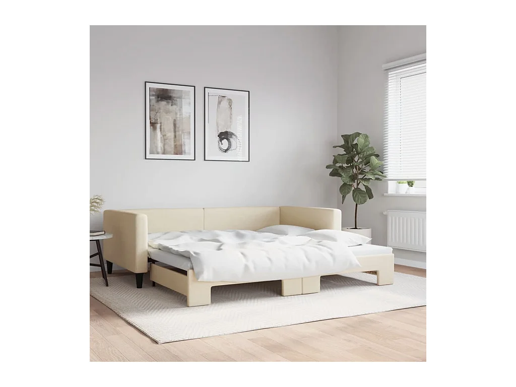 Tagesbett Ausziehbar Creme 100x200 cm Stoff