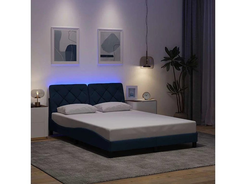 Bettgestell mit LED ohne Matratze Blau 140x190 cm Stoff