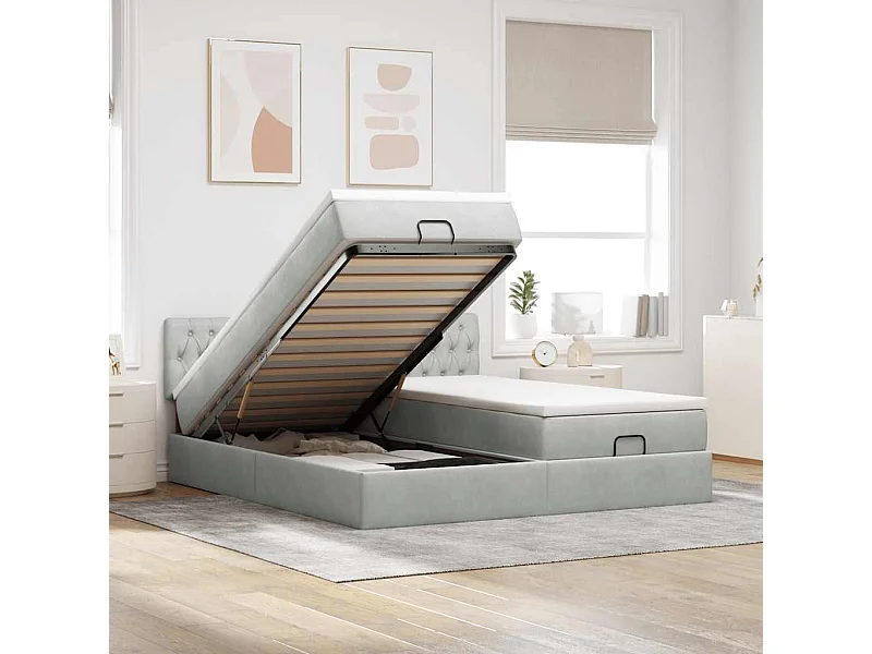 Cadre de lit ottoman et matelas gris clair 180x200cm velours