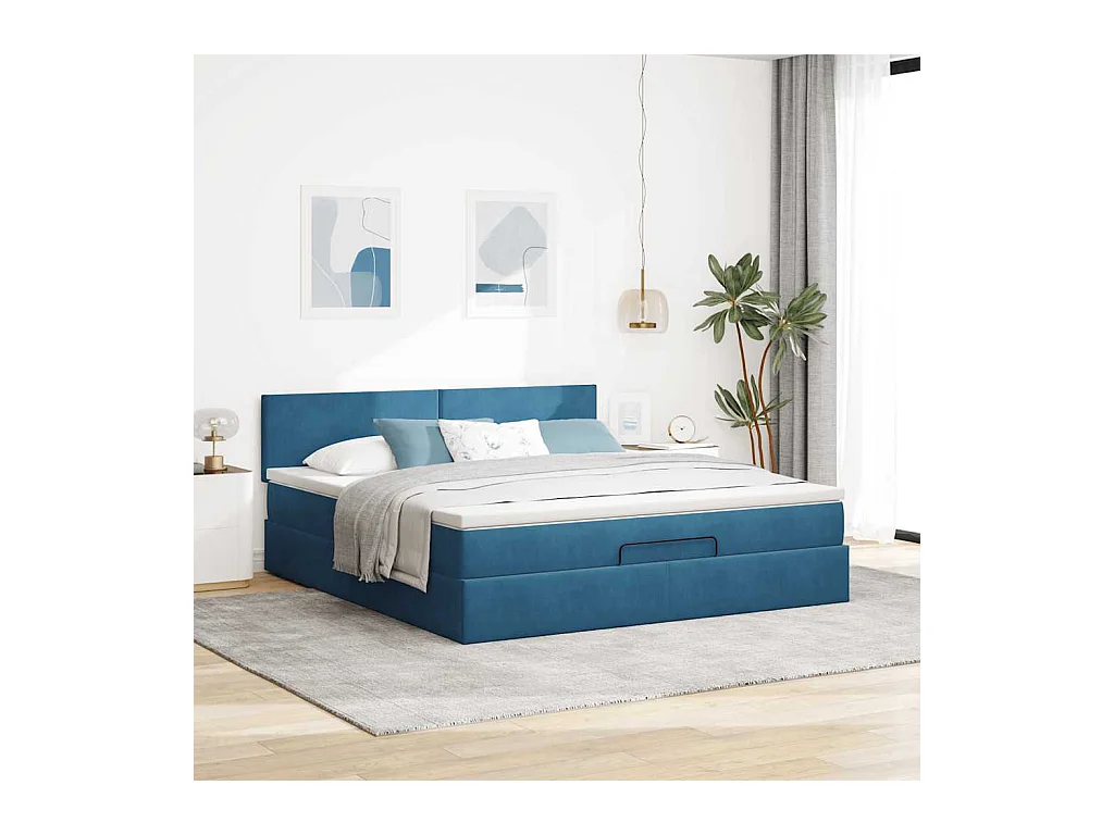 Cadre de lit ottoman avec matelas bleu foncé 160x200 cm velours
