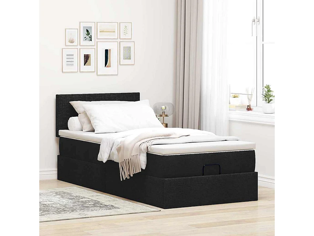 Pouf Letto con Materasso Nero 90x200 cm in Tessuto