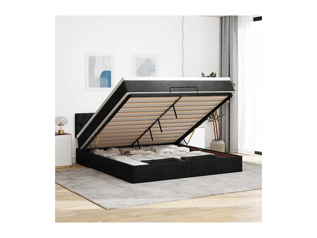 Cadre de lit ottoman avec matelas noir 180x200 cm tissu