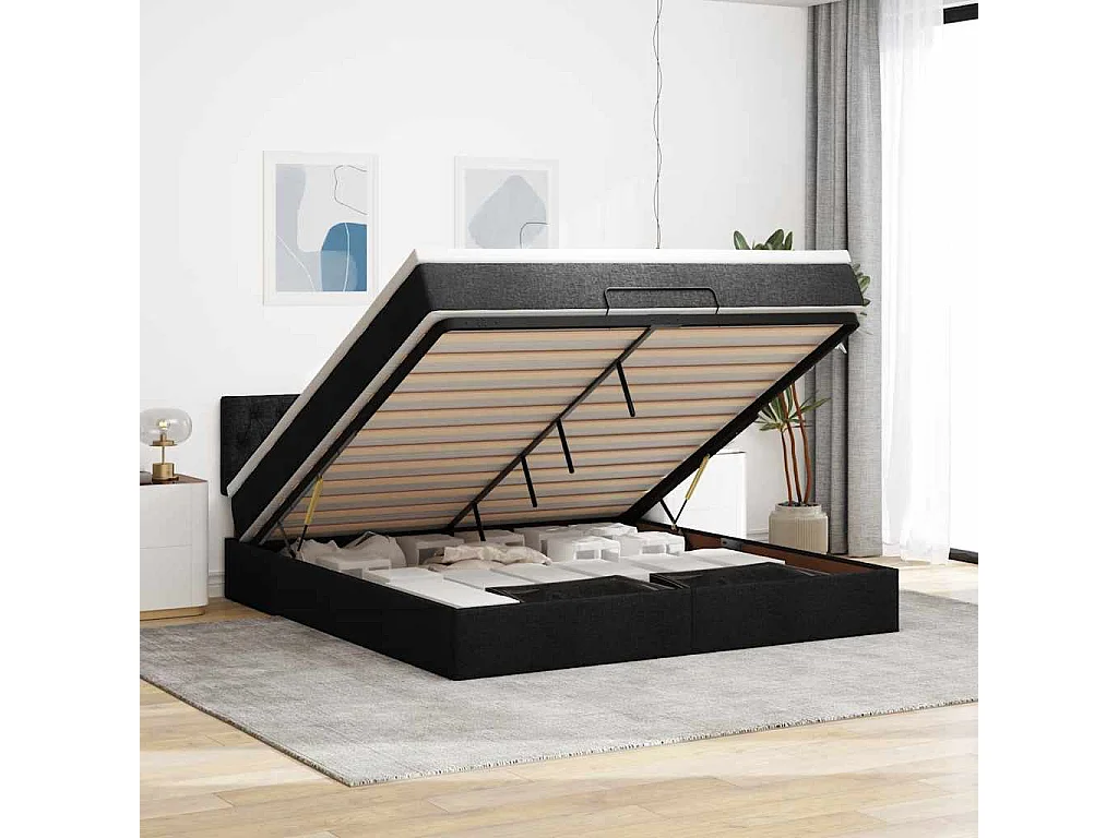 Struttura Letto Pouf con Materasso Nero 180x200 cm in Tessuto