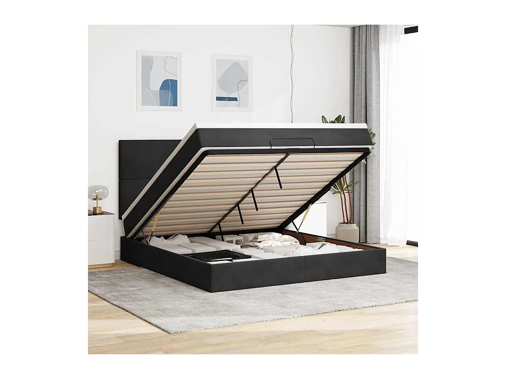 Ottoman-Bett mit Matratzen & LEDs Schwarz 160x200 cm Samt