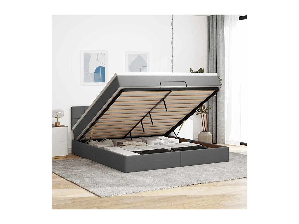 Lit ottoman avec matelas et LED Gris foncé 180x200 cm tissu