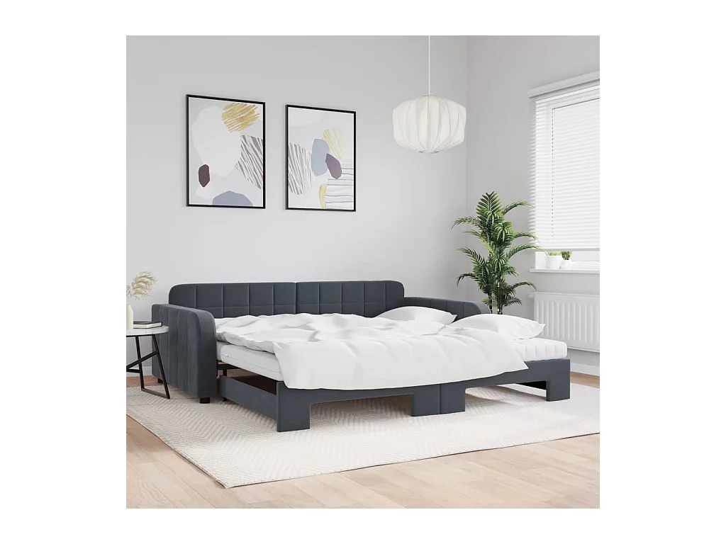 Slaapbank onderschuifbed matrassen 100x200cm fluweeldonkergrijs