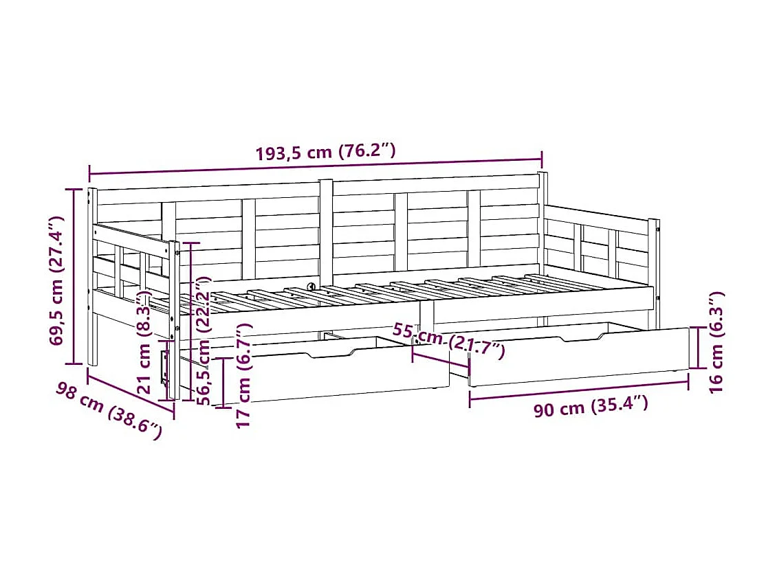 Tagesbett mit Schubladen 90x190 cm Massivholz Kiefer