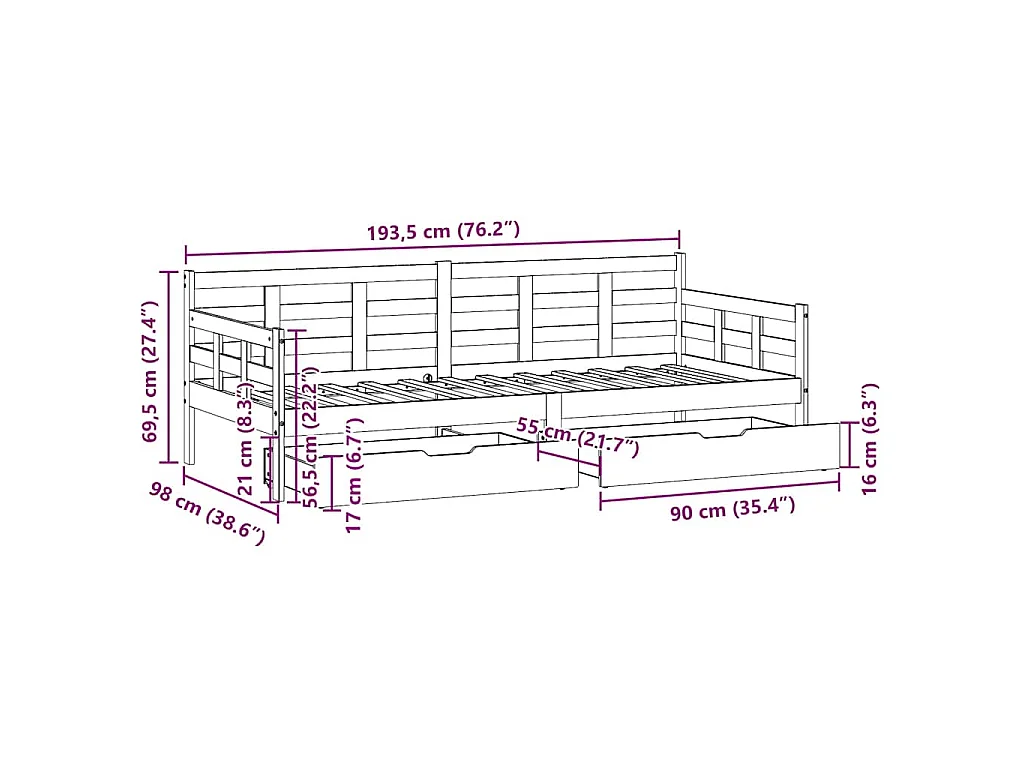 Dormeuse con Cassetti 90x190 cm in Legno Massello Pino