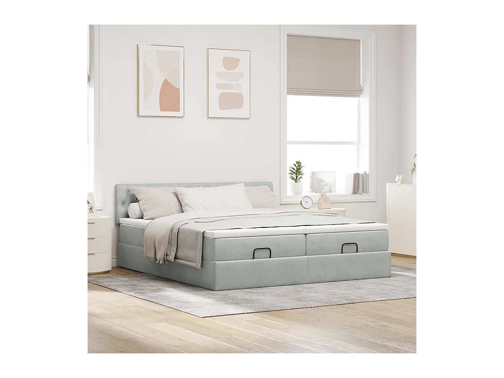 Cadre de lit ottoman et matelas gris clair 160x200cm velours