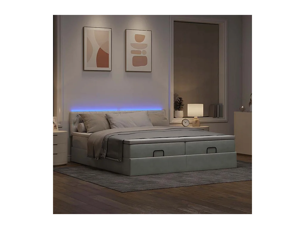 Ottoman-Bett mit Matratzen & LEDs Hellgrau 160x200 cm Samt