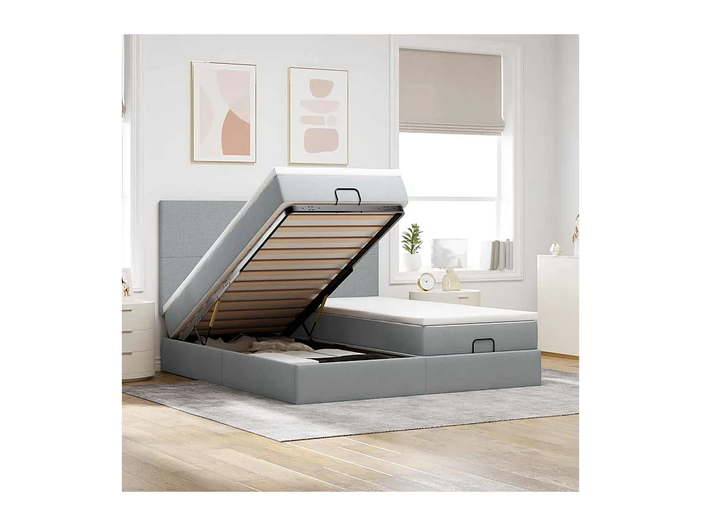 Ottoman bed met matrassen en LED's 180x200cm stof lichtgrijs