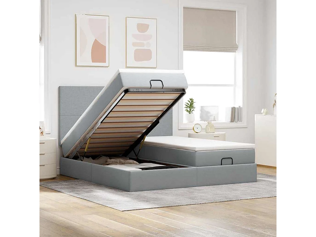 Ottoman bed met matrassen en LED's 180x200cm stof lichtgrijs