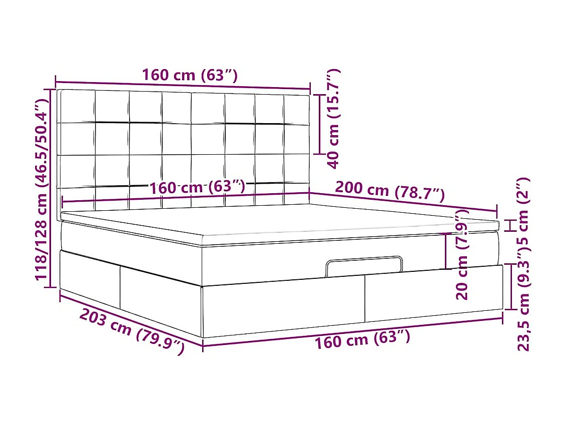 Cadre de lit ottoman avec matelas gris foncé 160x200cm tissu