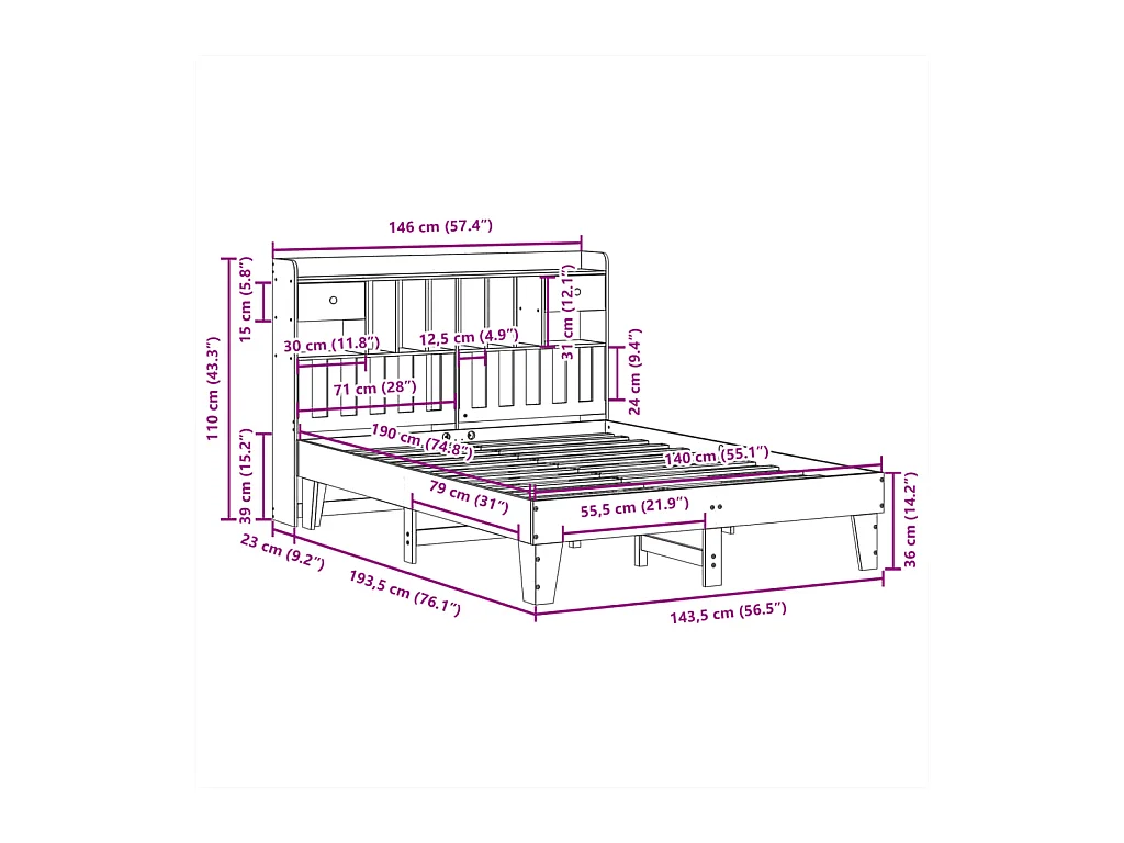Cadre de lit sans matelas 140x190 cm bois de pin massif