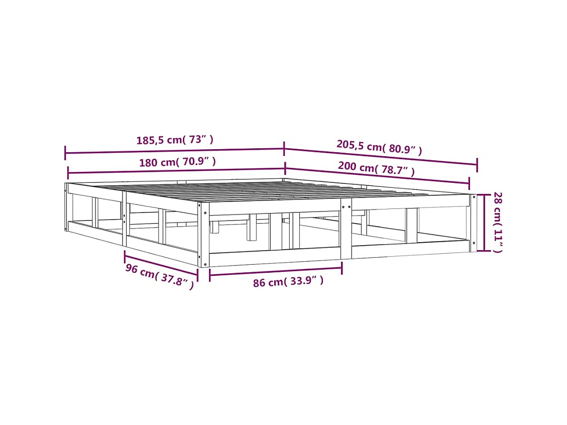 Cadre de lit sans matelas noir 180x200 cm bois massif