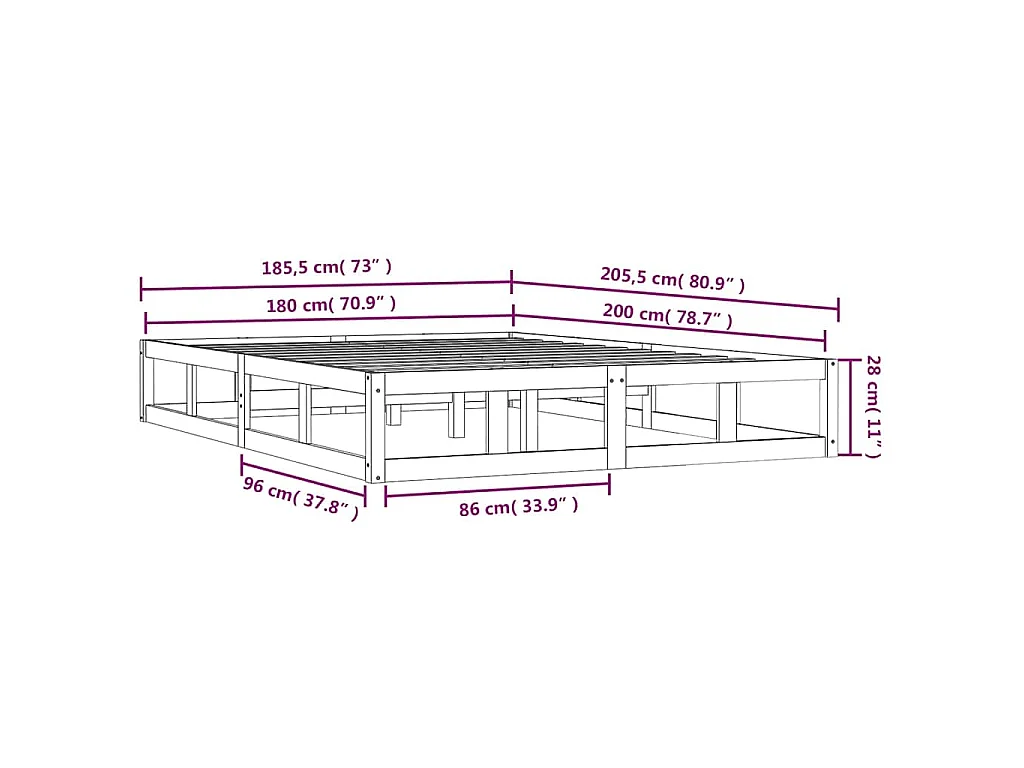 Cadre de lit sans matelas noir 180x200 cm bois massif