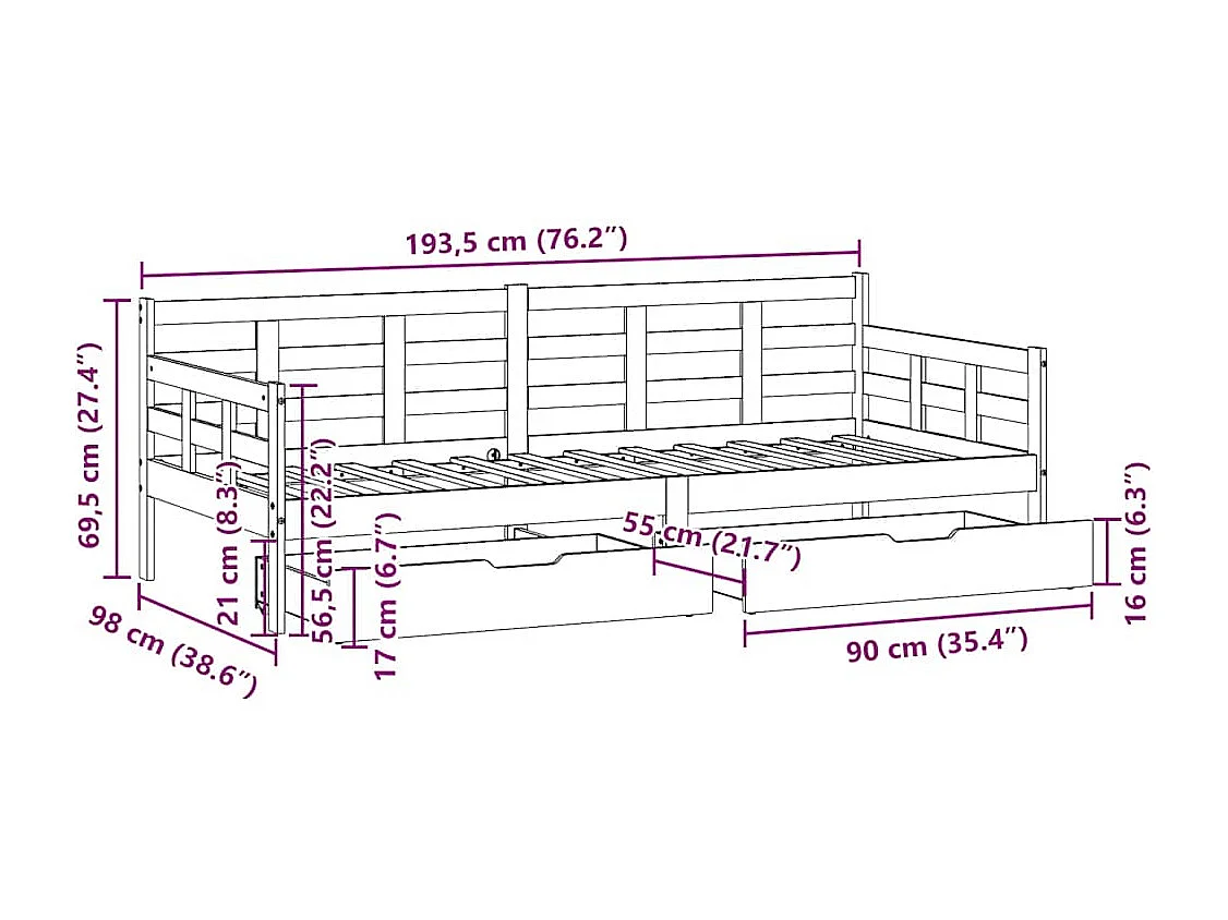 Dormeuse con Cassetti Bianco 90x190 cm Legno Massello di Pino